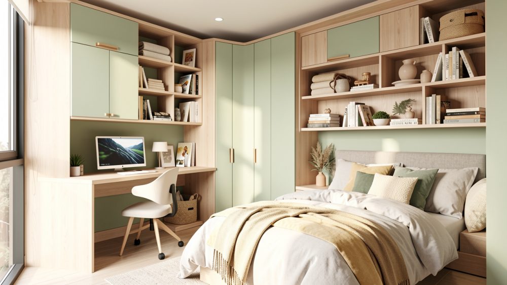 Chambre d’adolescent lumineuse et organisée avec un bureau près de la fenêtre, des rangements intégrés et une décoration moderne aux tons apaisants.