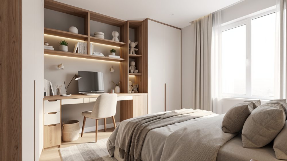 Chambre d’adolescent moderne et lumineuse avec bureau, rangements intégrés, décoration sobre et ambiance chaleureuse.