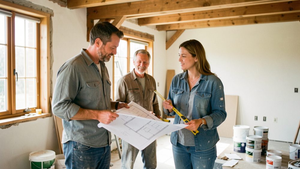 Un homme et une femme consultent des plans vierges de rénovation dans une maison lumineuse en travaux.