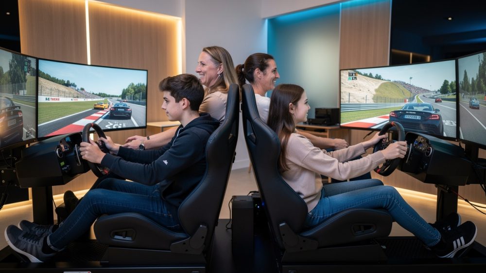 Une famille bretonne composée d’un homme, d’une femme, d’un adolescent et d’une adolescente utilise des simulateurs automobiles réalistes dans un espace intérieur moderne.