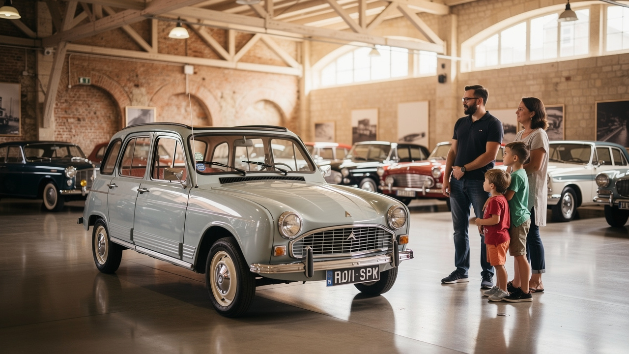 Vue intérieure d’un musée automobile patrimonial avec des voitures anciennes, dont une Renault 4L, observées par des familles sous une lumière douce.