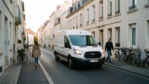 Camionnette de livraison électrique blanche roulant lentement dans une rue résidentielle française au petit matin, avec deux piétons et des immeubles dans une ambiance calme.