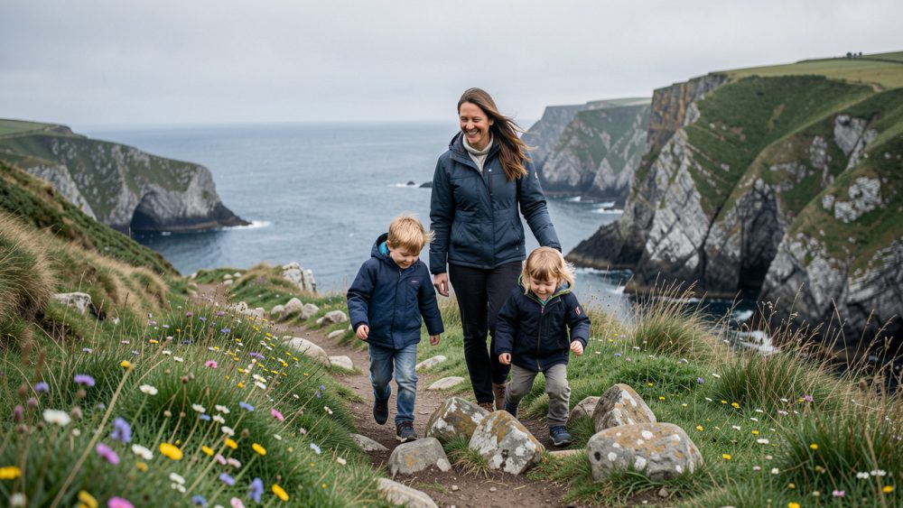 Famille souriante avec deux enfants explorant un sentier sur la côte bretonne, avec la mer et des falaises en arrière-plan.
