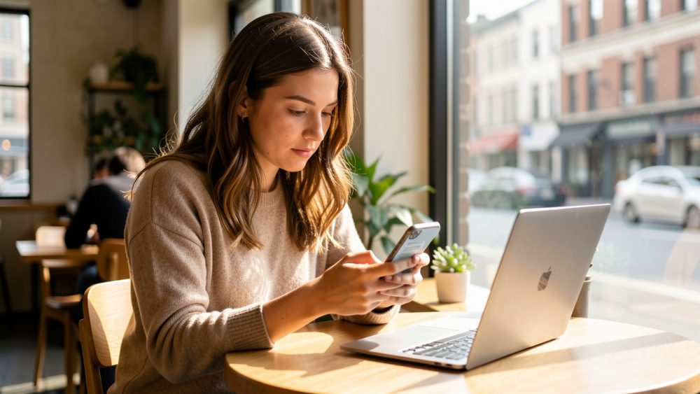 Jeune femme active assise dans un café lumineux, avec un ordinateur portable ouvert et un téléphone à la main.