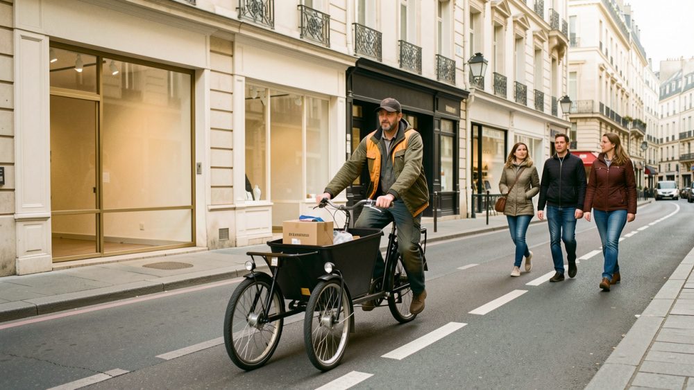 Vélo-cargo effectuant une livraison devant des commerces d’une rue de centre-ville français, avec des piétons et une piste cyclable sous une lumière naturelle.