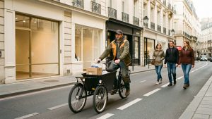 Vélo-cargo effectuant une livraison devant des commerces d’une rue de centre-ville français, avec des piétons et une piste cyclable sous une lumière naturelle.