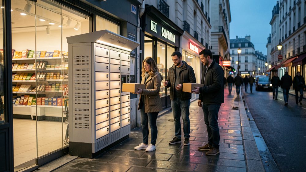 Rue urbaine française au crépuscule avec une consigne automatique de colis éclairée près d’un supermarché, où une femme et un homme récupèrent des paquets.