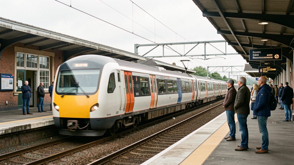 Train régional britannique moderne à cinq voitures quittant une gare du nord de l’Angleterre, avec le pantographe levé sous la caténaire et des voyageurs sur le quai.