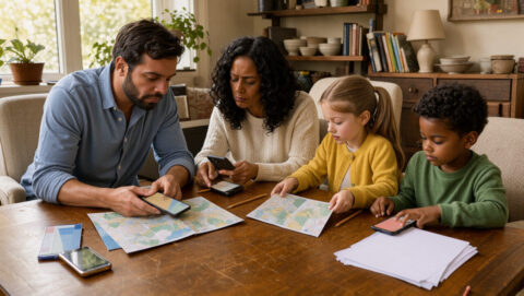 Une famille de quatre personnes prépare un voyage autour d’une table avec des smartphones, des cartes papier et des feuilles de planification vierges, dans une lumière naturelle réaliste.