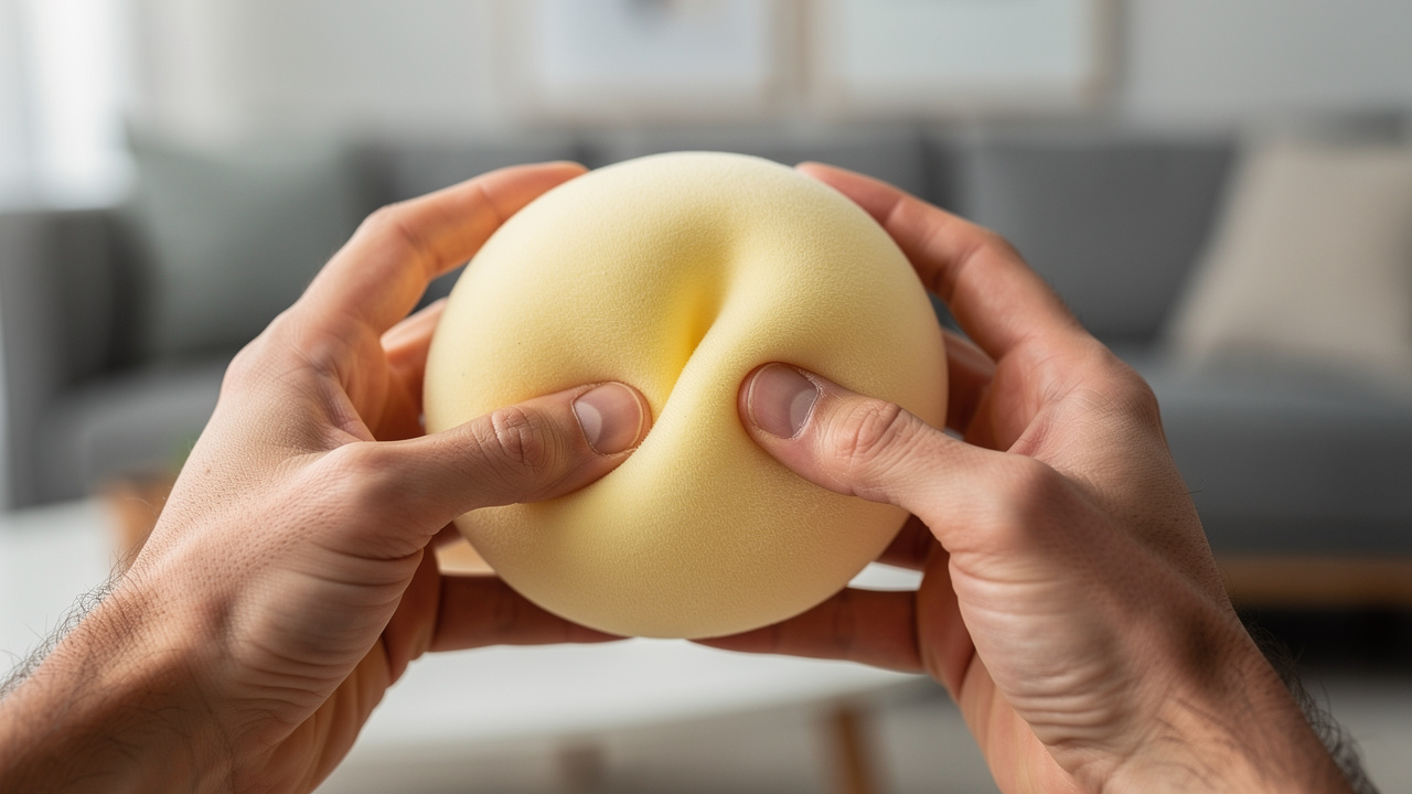 Gros plan des mains d’un homme adulte pressant un squishy en mousse en forme de beurre, avec une déformation lente visible sur un arrière-plan discret de salon.