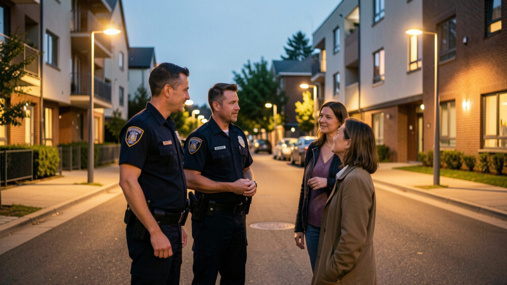 Deux policiers à pied échangent calmement avec deux habitants dans une rue de quartier urbain éclairée en début de soirée.