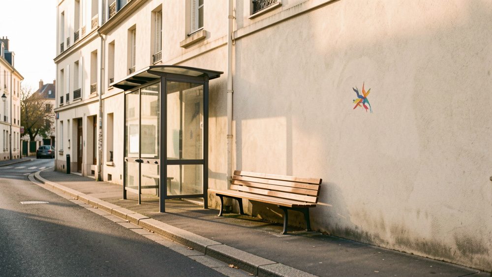 Rue de quartier française en fin de journée avec un banc, un arrêt de bus entretenu et un petit graffiti abstrait sur un mur.